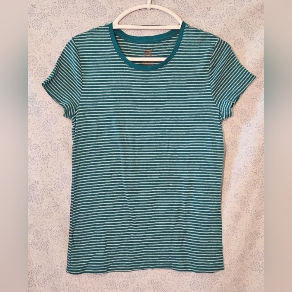Faded Glory Women's Striped T-Shirt ~ Large/ Blue-Green- Heather Gray